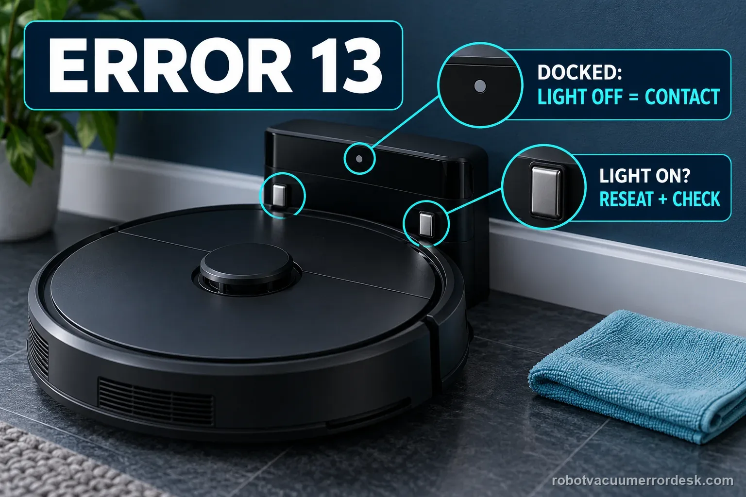 An unbranded robot vacuum is seated on its dock beside a soft cloth; callouts identify Error 13 and explain that the dock light should be off when seated, with a reminder to reseat and check if it stays on.
