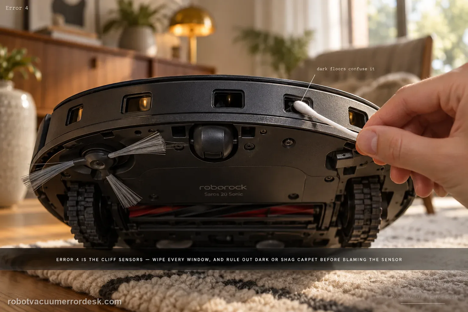 Flipped Roborock Saros 20 Sonic with a cotton swab cleaning one of the small downward cliff-sensor windows along the front edge, captioned that Error 4 is the cliff sensors: wipe every window, and rule out dark or shag carpet before blaming the sensor.