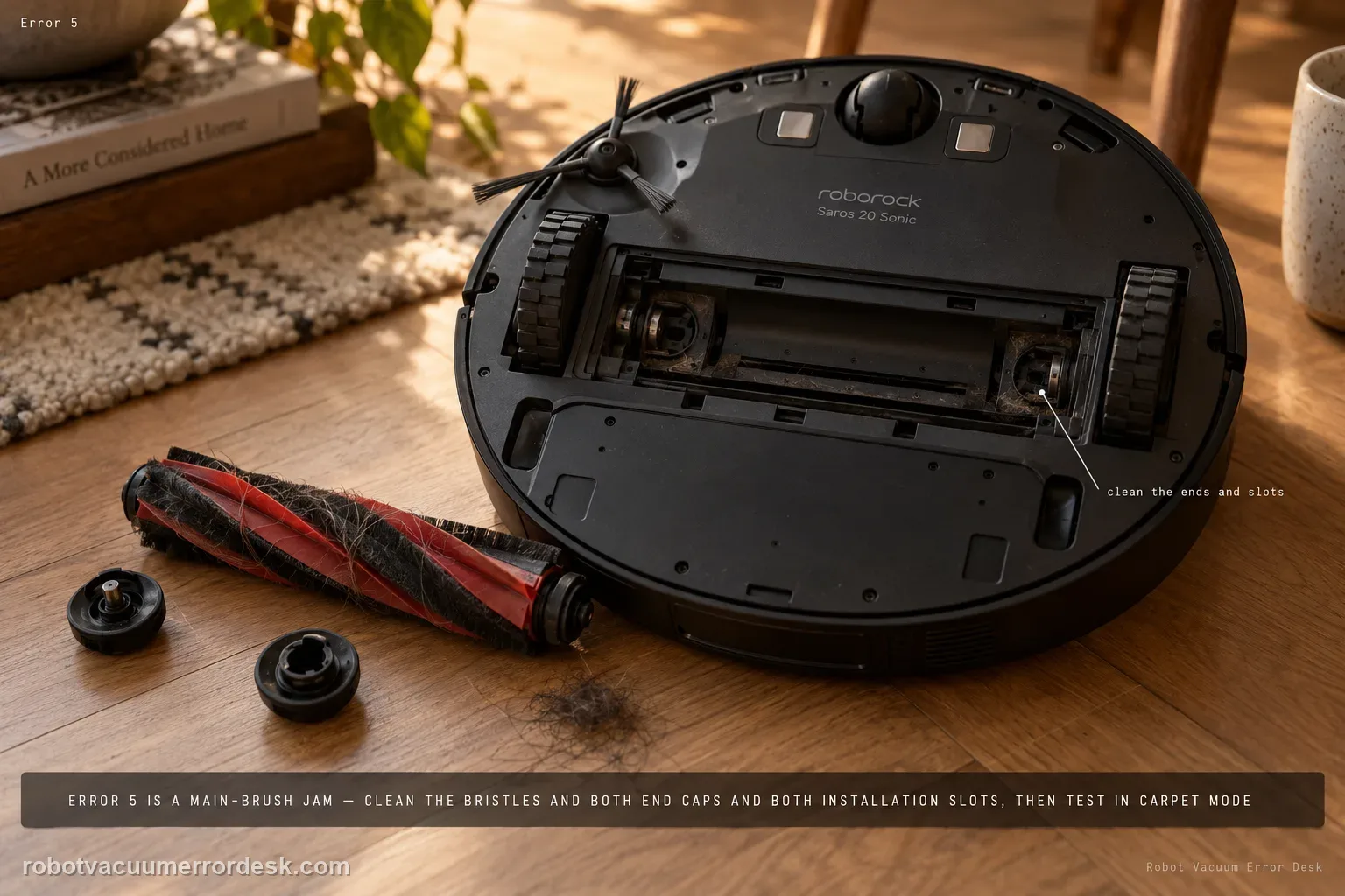 Overhead flat-lay of a Roborock Saros 20 Sonic main brush removed beside the flipped robot with both brush end caps detached and the two empty installation slots visible and a clump of hair on the oak floor, captioned that Error 5 is a main-brush jam: clean the bristles and both end caps and both installation slots, then test in Carpet mode.