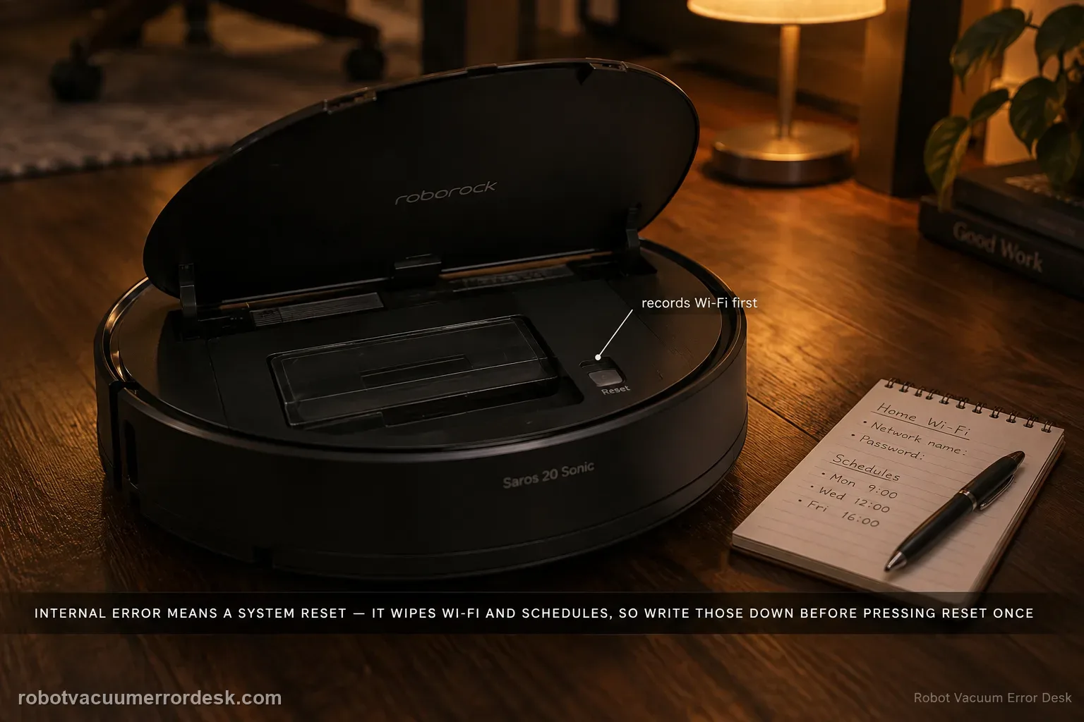 Close shot in an evening home office lit by one warm lamp on dark walnut floor, a Roborock Saros 20 Sonic with its top cover lifted to reveal the recessed Reset button and a notepad and pen beside it, captioned that Internal Error means a system reset which wipes Wi-Fi and schedules, so write those down before pressing Reset once.
