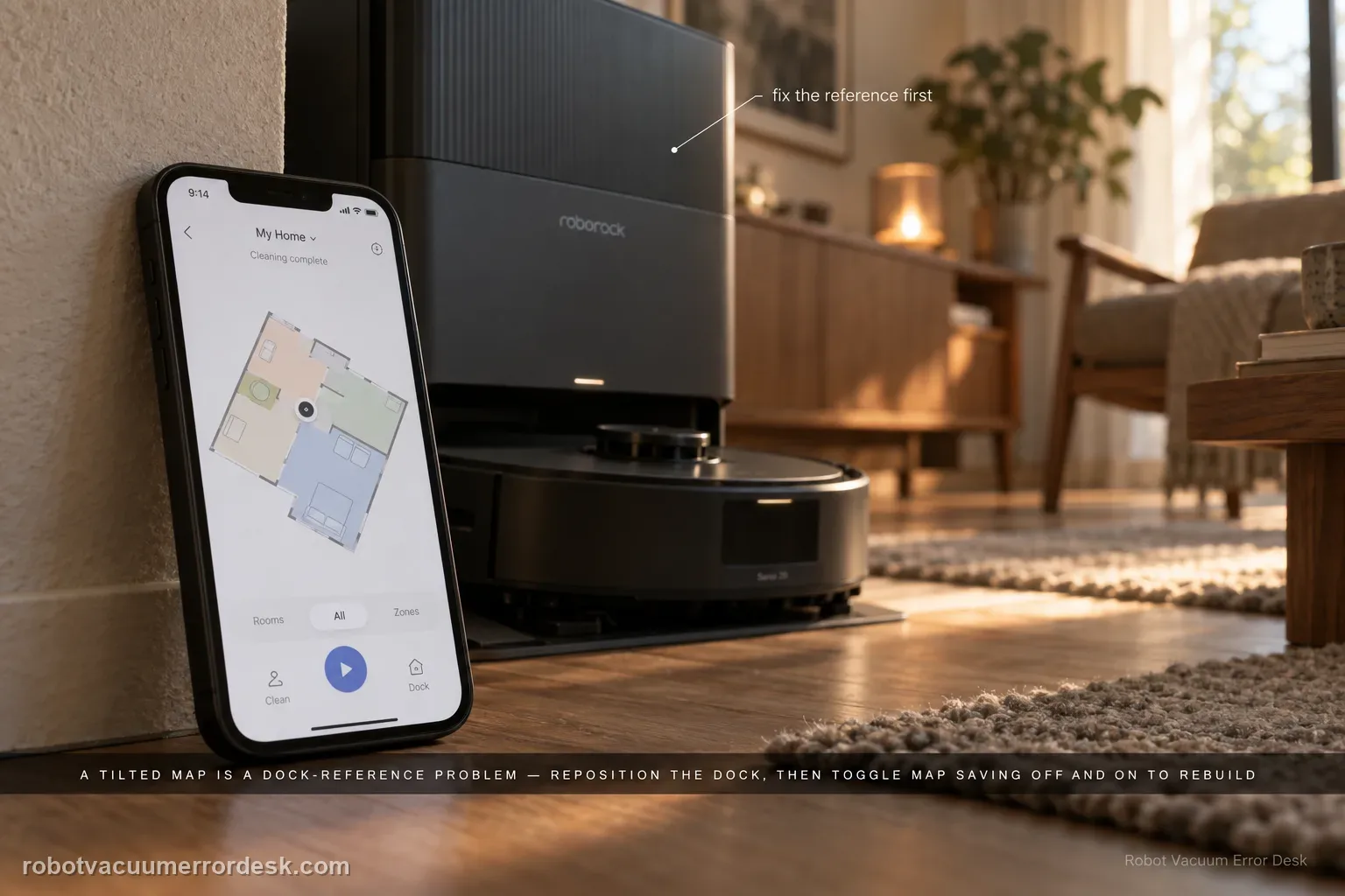Phone leaning against a Roborock Saros 20 Sonic dock showing a clearly rotated floor-plan map with the dock and robot soft on the oak floor behind, captioned that a tilted map is a dock-reference problem: reposition the dock, then toggle Map Saving off and on to rebuild.