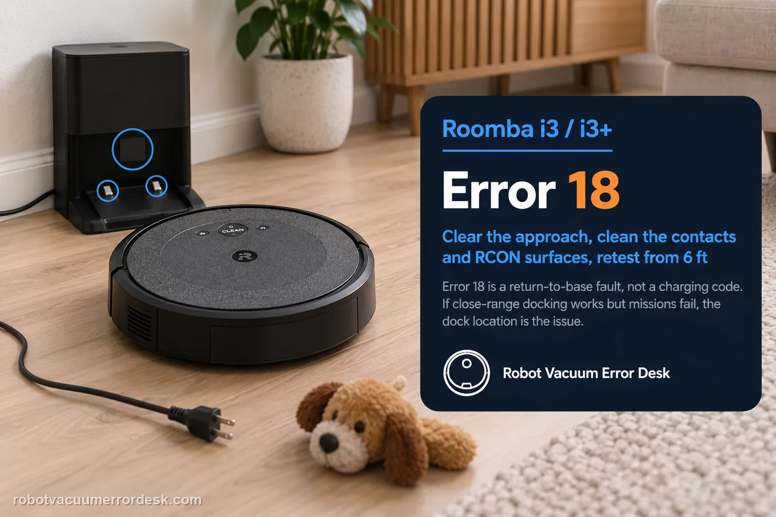 Roomba i3 facing its Home Base from close range with a stray cable and toy on the approach path and the dock contacts highlighted.