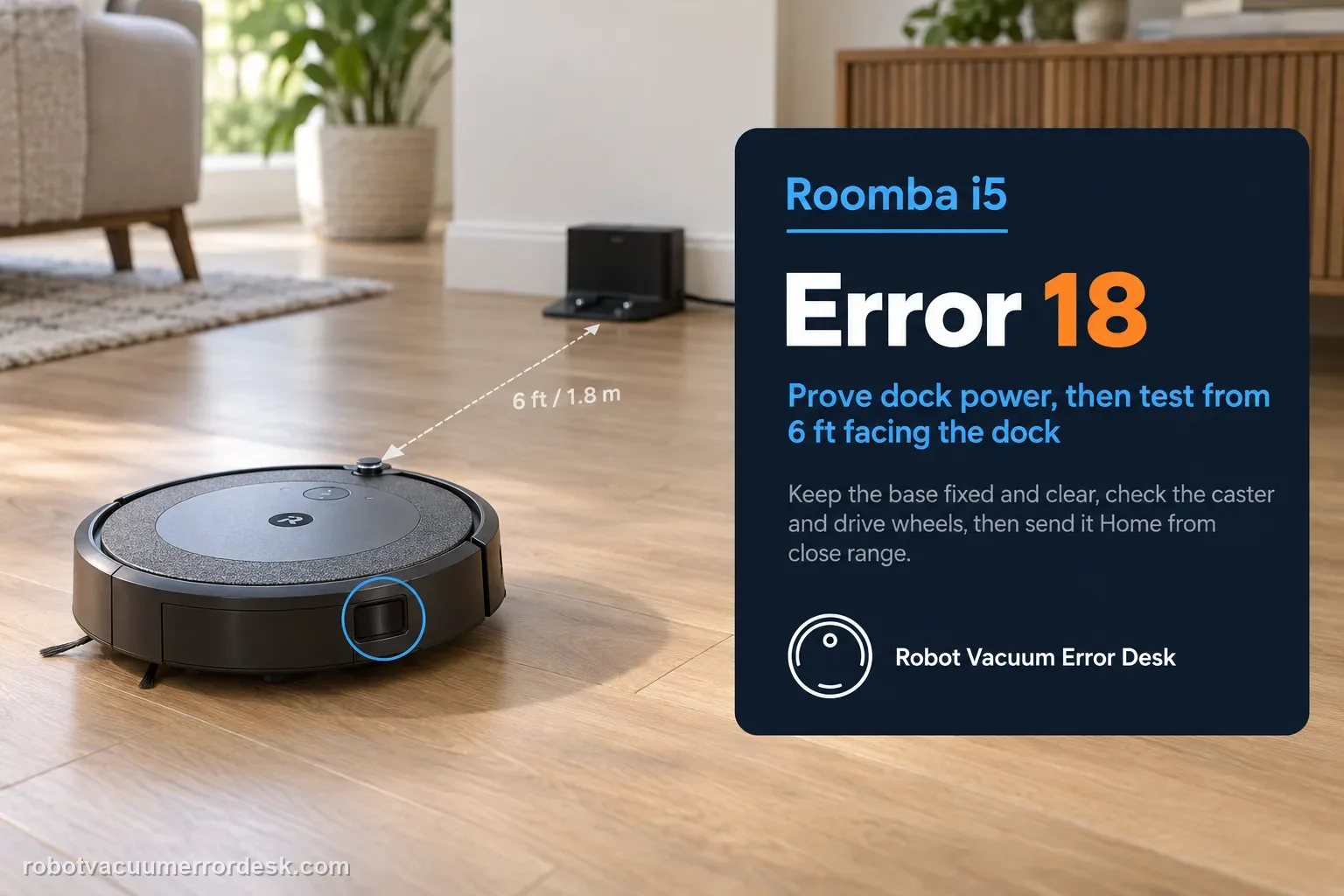 Roomba i5 stopped about six feet from its Home Base, angled off the docking approach, with the front dock-sensor window highlighted.