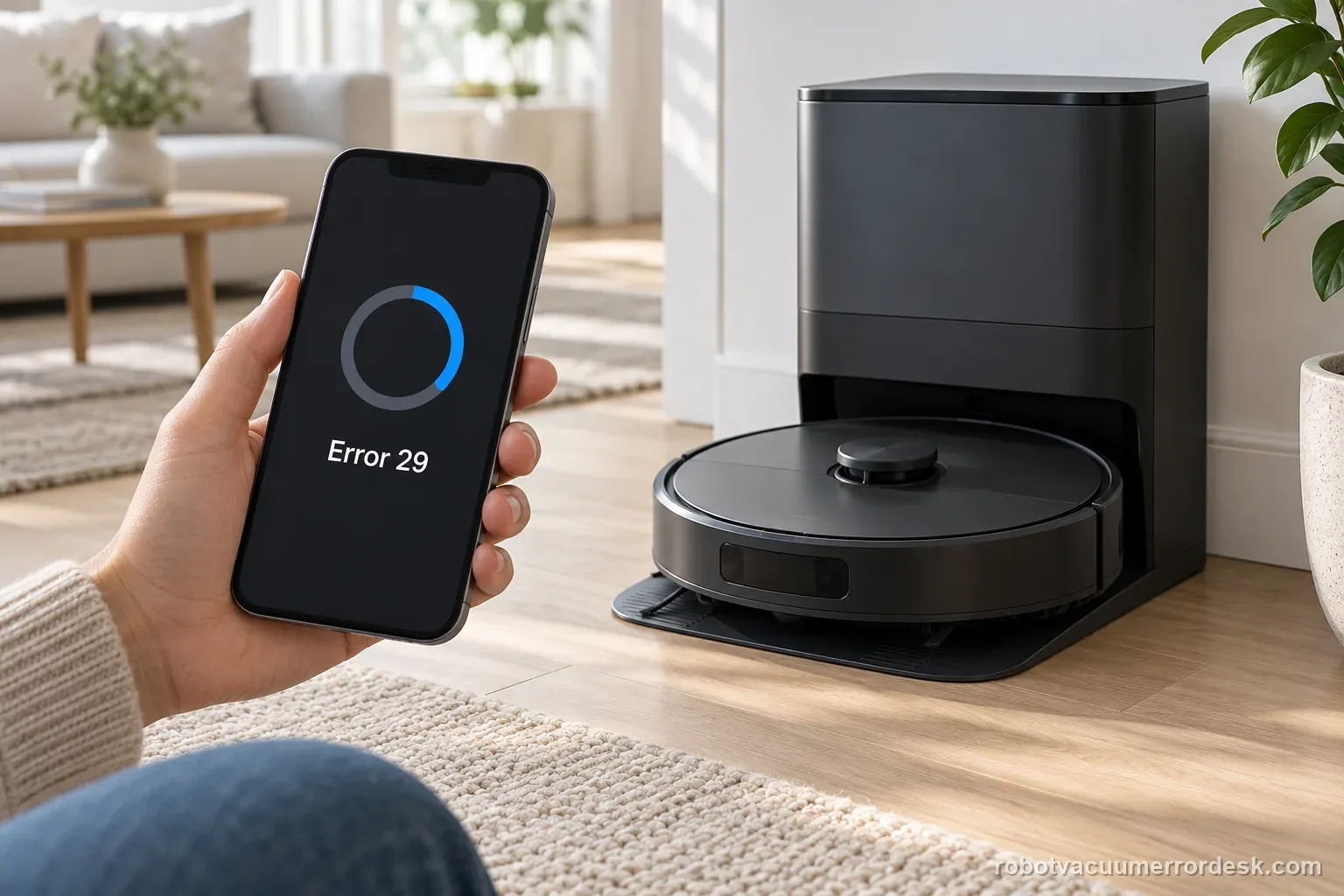 An unbranded robot vacuum sits on its dock beside a phone displaying Error 29 and a paused software-update progress ring.