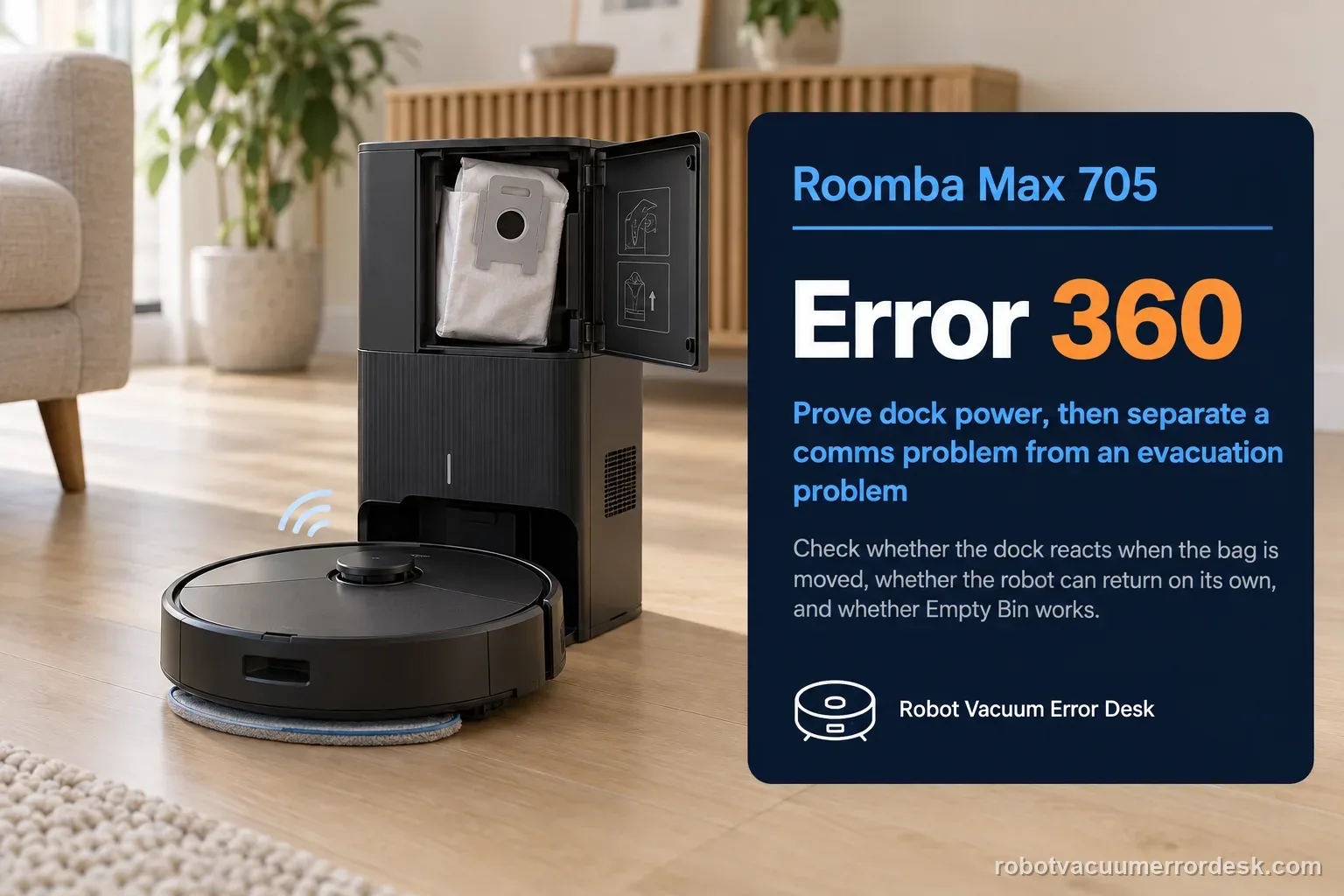 Roomba Max 705 at its tall AutoWash dock with the dust-bag compartment open for a dock-communication and debris-evacuation check.