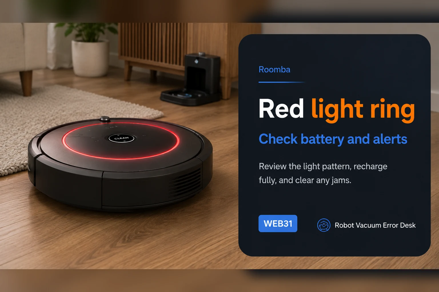 Roomba troubleshooting graphic showing a bright red light ring on the robot with a reminder to check battery state and alerts.