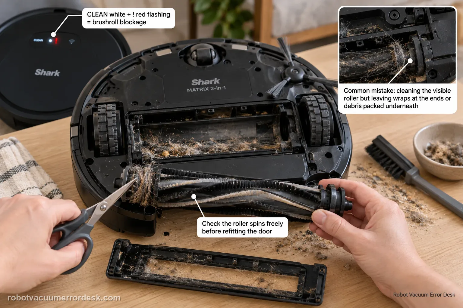 Shark Matrix 2-in-1 upside down with the brushroll and access door removed, scissors cutting a thread wrap at one end, and an inset showing the common mistake of leaving wraps at the ends or debris underneath.