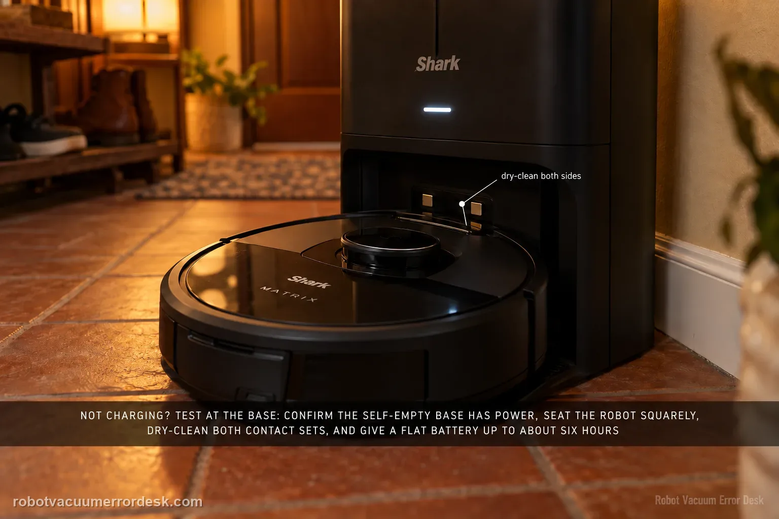 A Shark Matrix robot seated squarely on its Self-Empty Base at an entryway, the charging contacts meeting and a charging indicator light in frame.