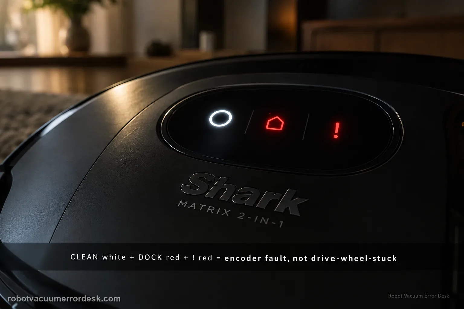 Dark macro of a Shark Matrix 2-in-1 top LED panel showing the CLEAN light white with the DOCK and alert lights red, captioned that this pattern is a wheel encoder fault, distinct from the drive-wheel-stuck pattern.