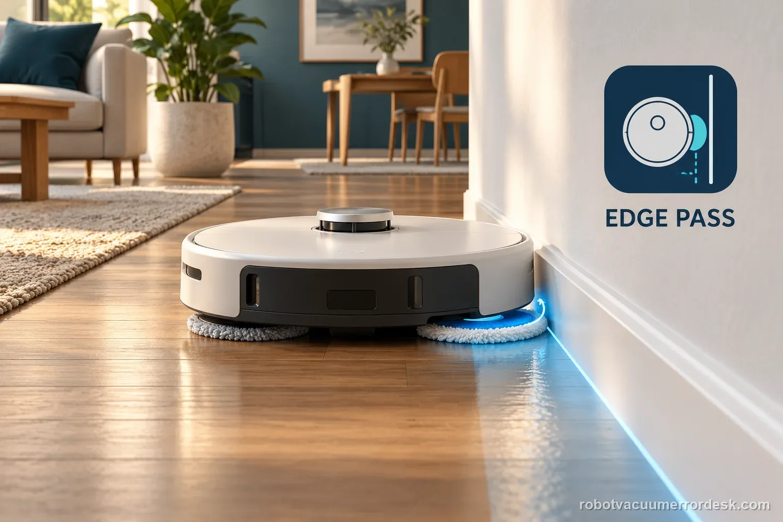 A generic robot mop reaches a clear hard-floor wall edge with one mop pad extending for a suitable test pass.