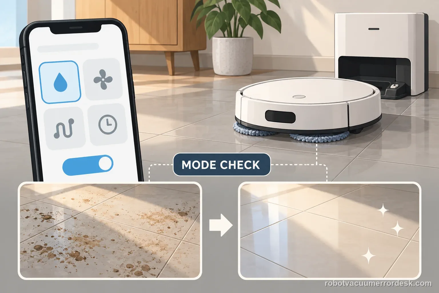 AI illustration shows generic robot mop settings beside an unbranded robot for checking MopExtend mode.