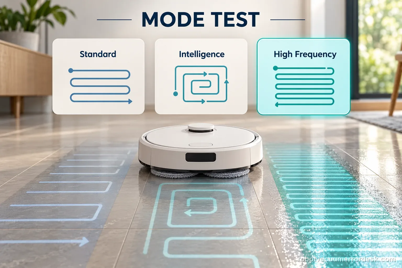 Three clear app cards compare Standard, Intelligence, and High Frequency mop modes beside an unbranded robot.