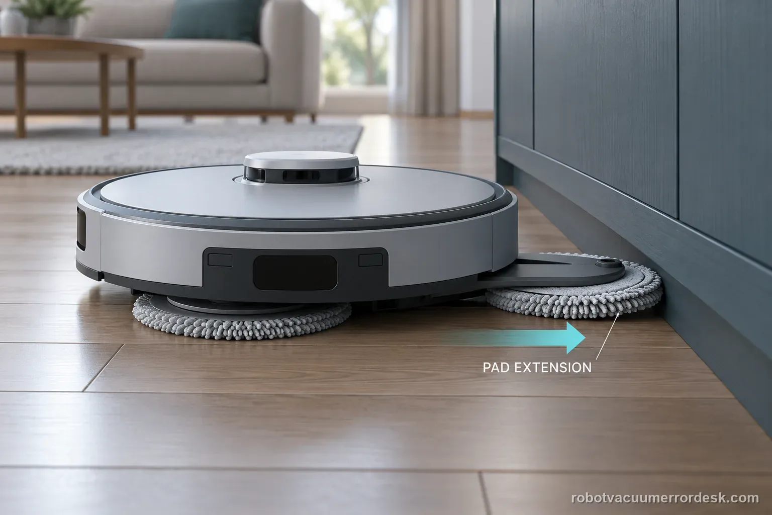 AI illustration shows a generic robot mop pad extending toward a wall edge during a normal task.