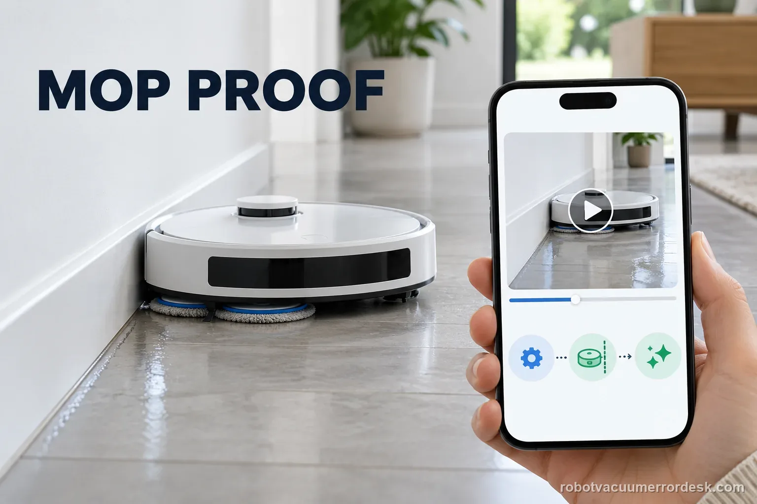 A phone shows a short edge-cleaning clip beside a generic robot mop with setting, test, and result record icons.