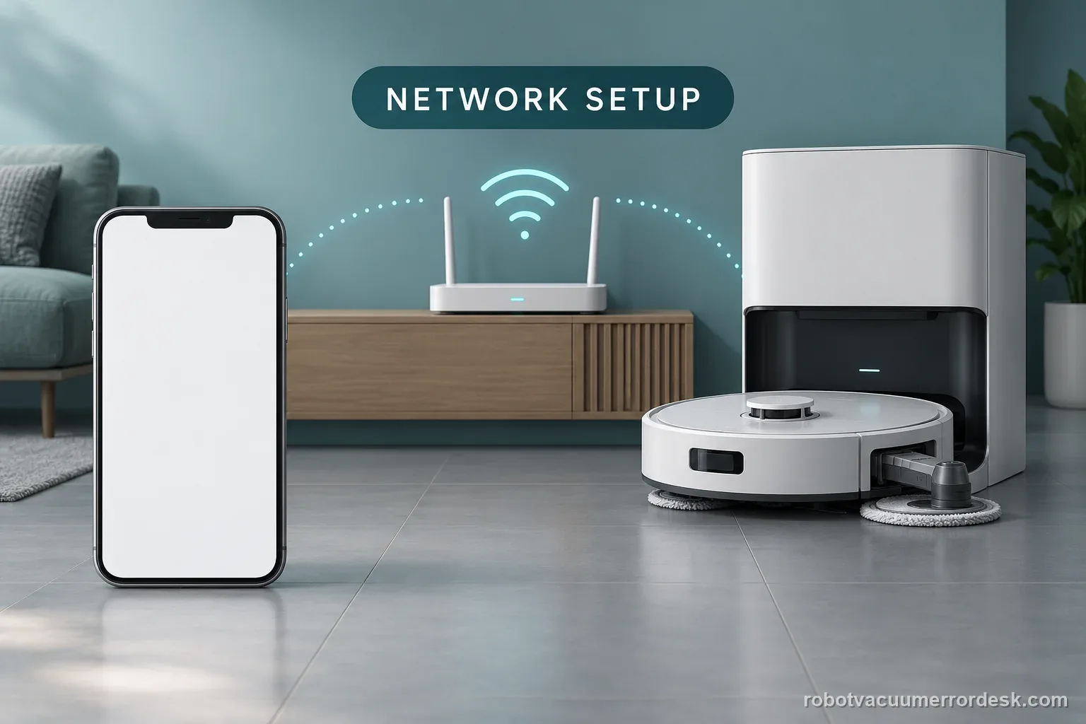 A generic robot mop, router, station, and phone illustrate completing app network setup before testing mop extension.