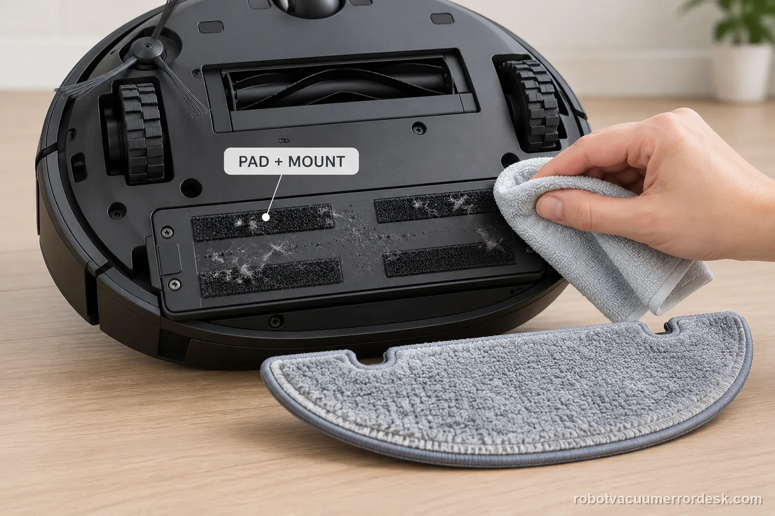 AI illustration shows the accessible mop-pad mount and removable pad being checked with a soft cloth.