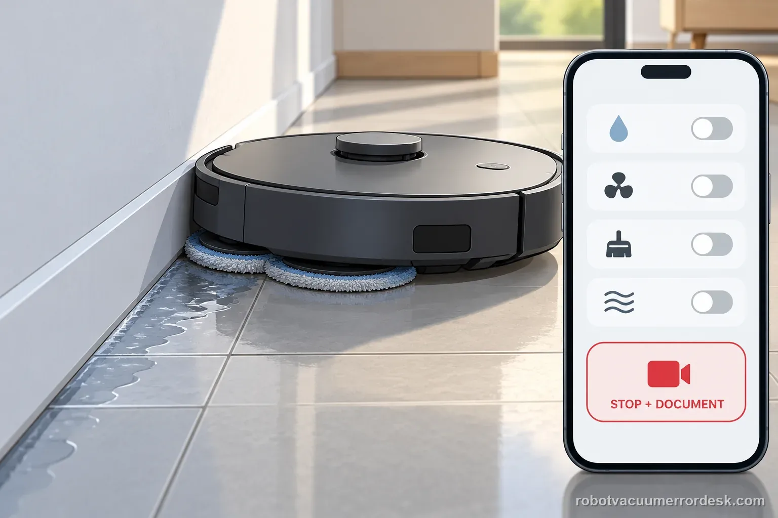 A generic robot mop beside an app recording checklist shows when to stop and document a failed extension test.