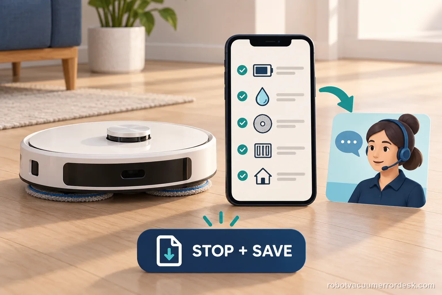 A generic robot mop and phone checklist show a safe stop, saved test notes, and a support handoff card.
