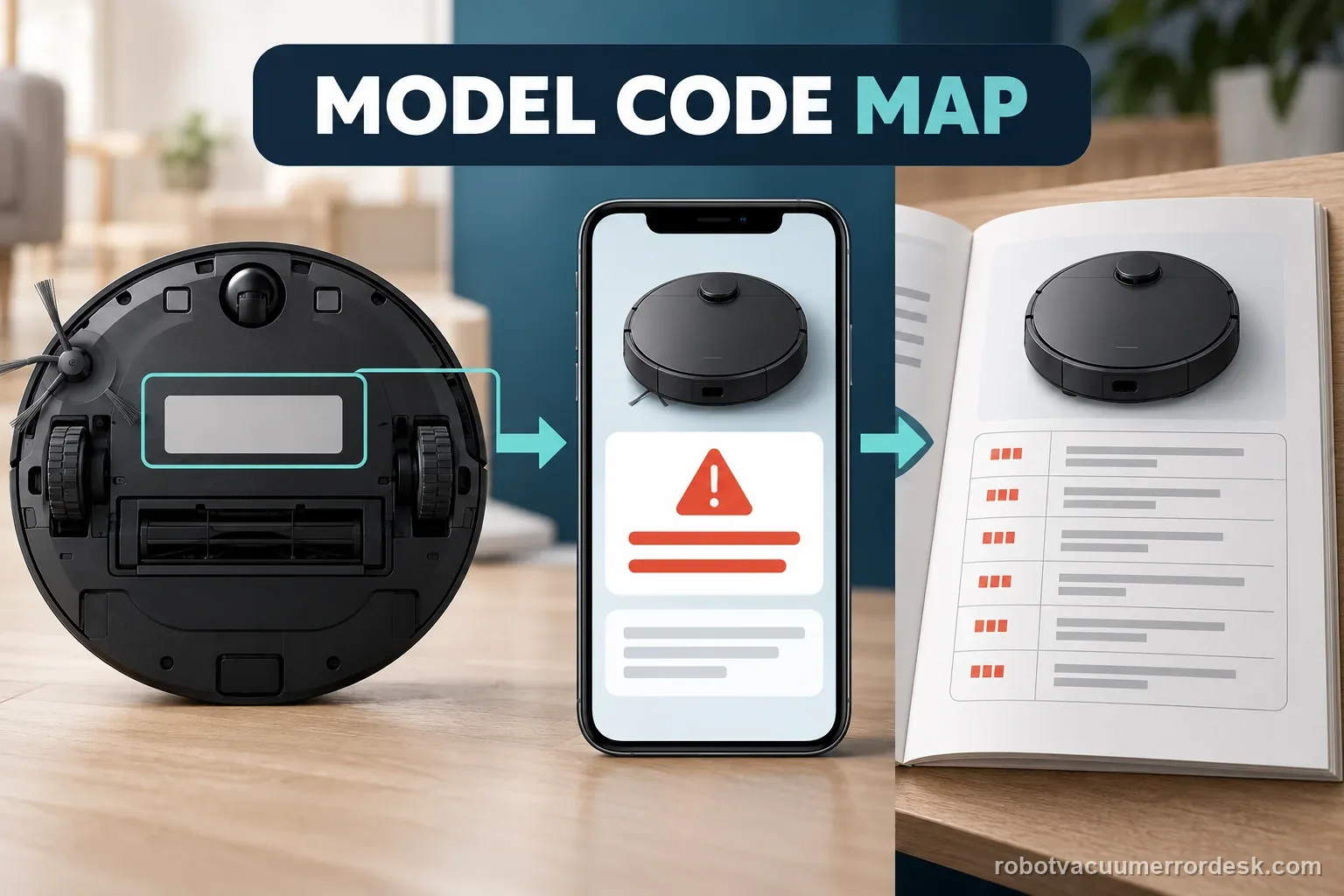 A model label, complete alert, and matching manual connect in a clear three-stage robot-vacuum code lookup path.