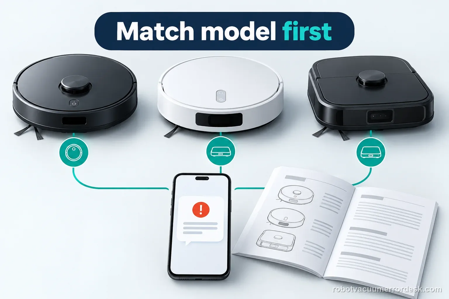 Three generic robot vacuum models sit beside an app alert and manual, with a label instructing readers to match the model first.