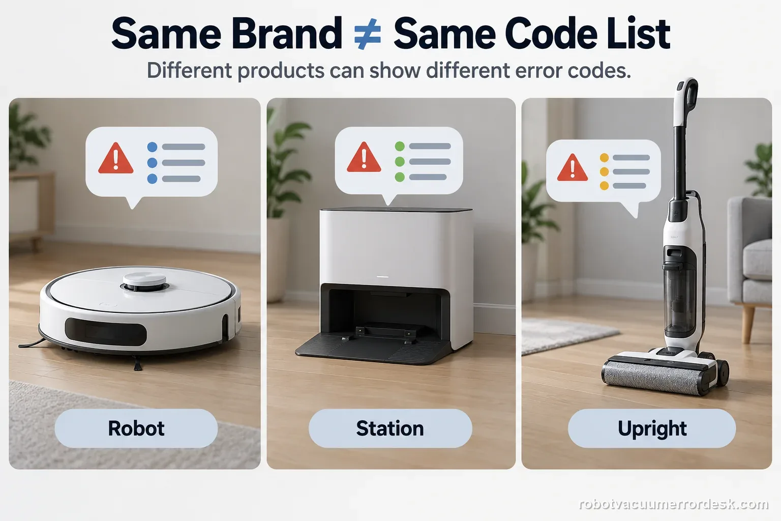 A labeled comparison separates a generic robot, its base station, and an upright floor cleaner to show that their code lists are not interchangeable.