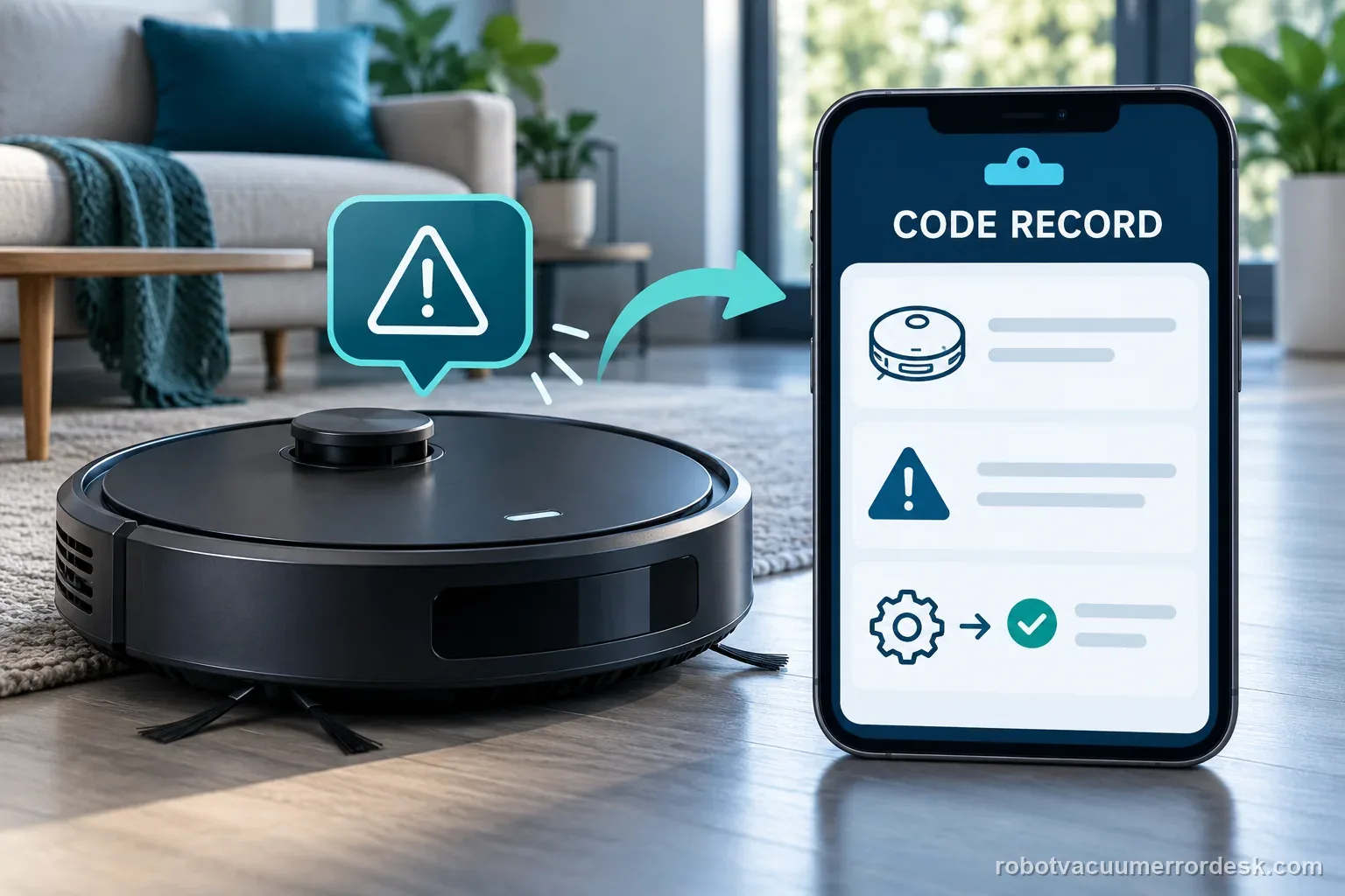 A generic robot vacuum sits beside a phone record for the exact model, complete alert, one test, and its result.