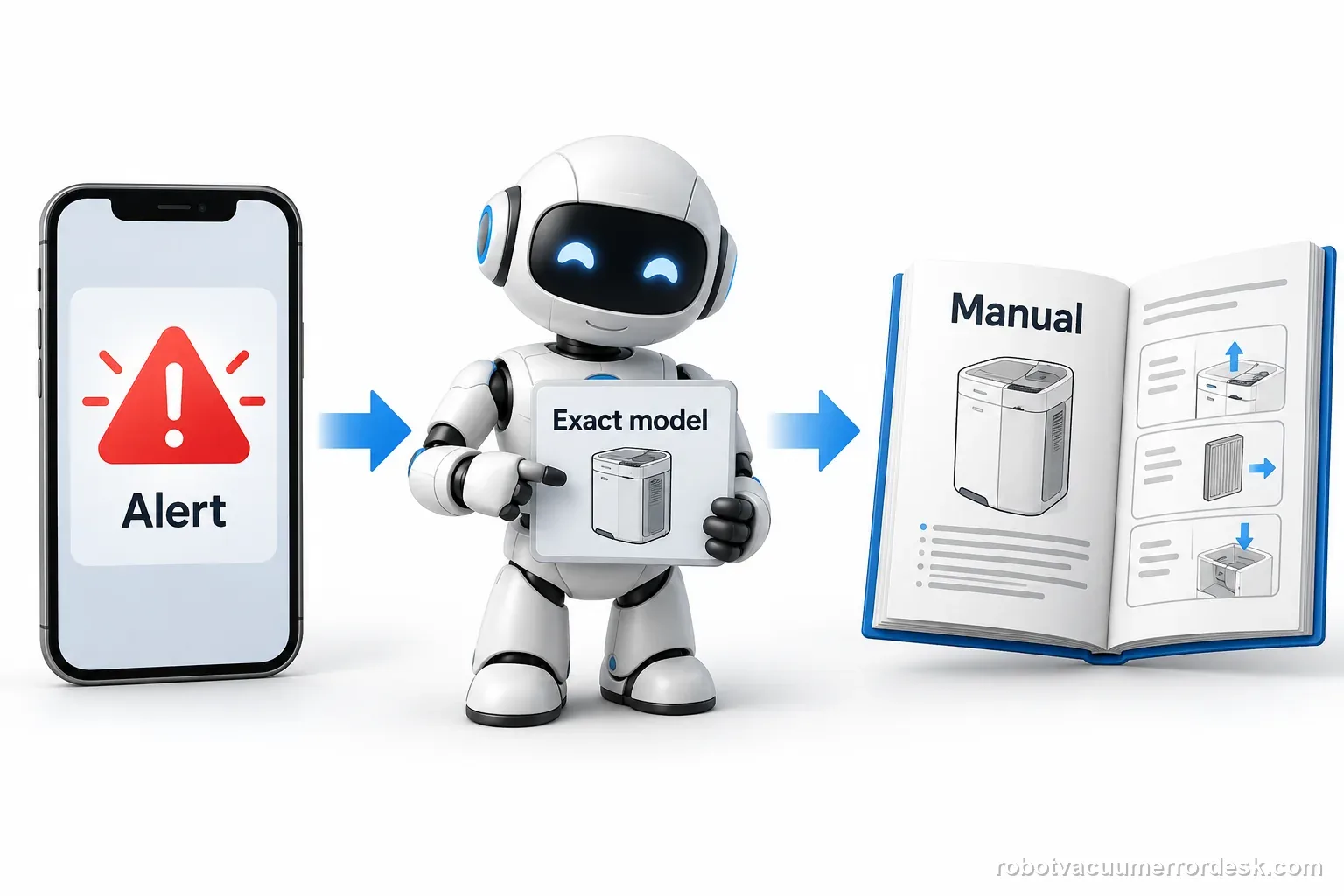 A generic robot, phone alert, and open manual connect in sequence under labels for alert, exact model, and manual.
