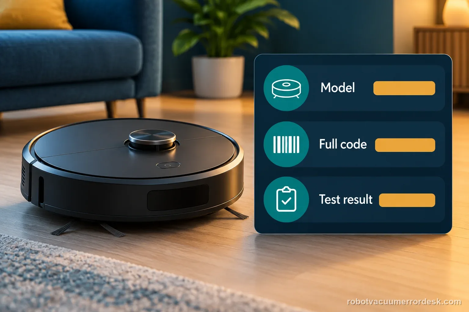 A generic robot vacuum sits beside a support note with fields for model, full code, and test result.