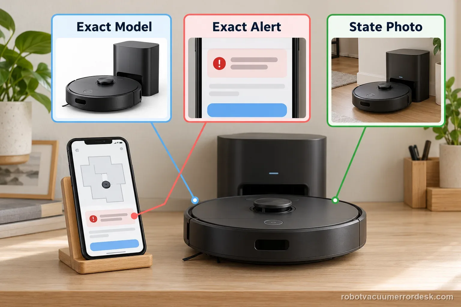 Three labeled evidence views show a generic robot model label, firmware information, and a final-docking test result for a Dreame support request.