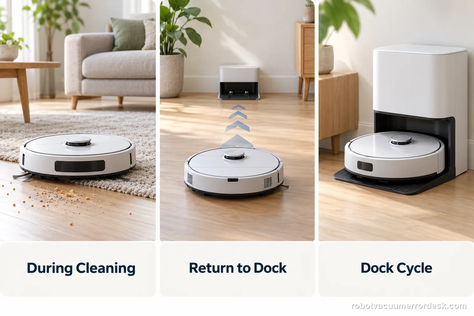 Phone alerts and a closed robot vacuum illustrate matching the full message to the exact model and the failed brush, dock, or mop system.