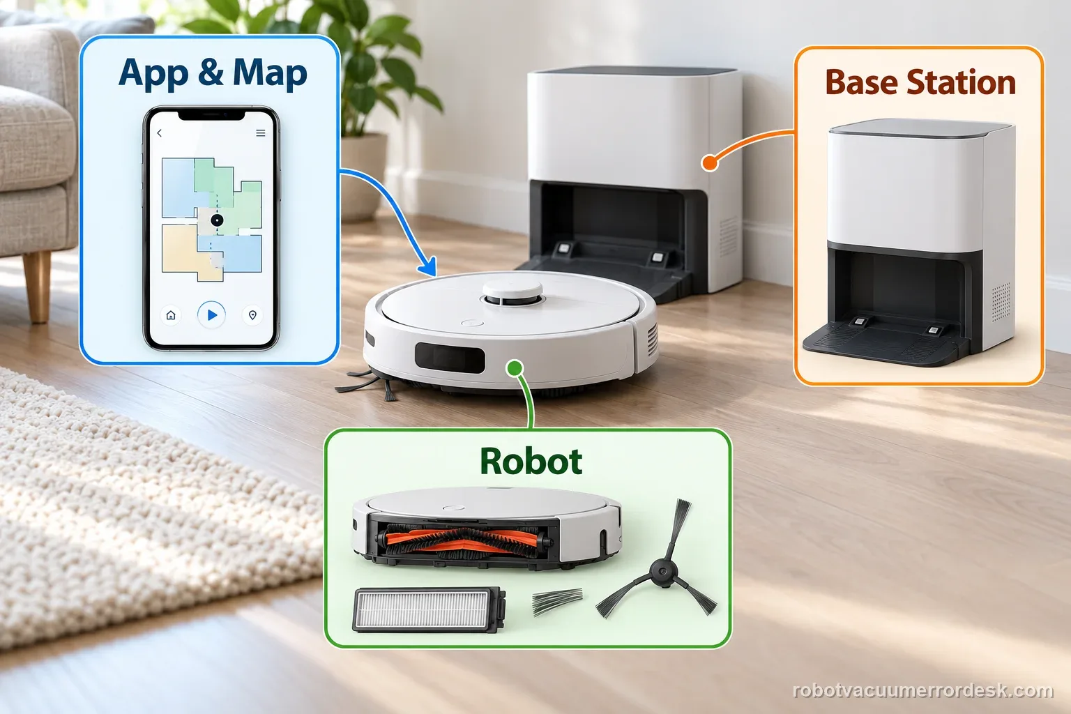 A robot vacuum and an upright wet-dry floor cleaner appear side by side with labels reminding readers to match the product type before interpreting an error.