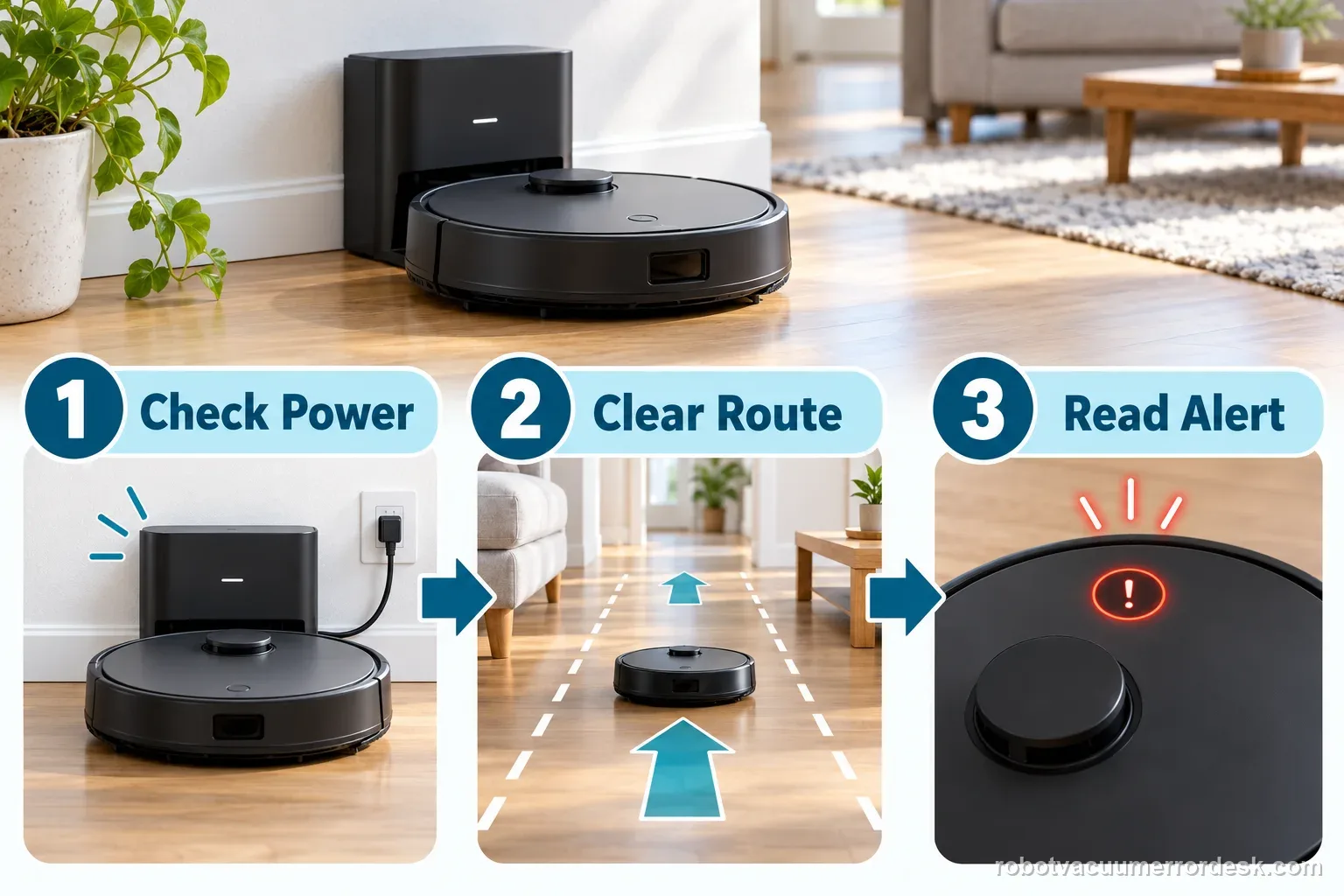 Three numbered checks show a powered dock, an open route, and reading the alert before continuing Ecovacs troubleshooting.