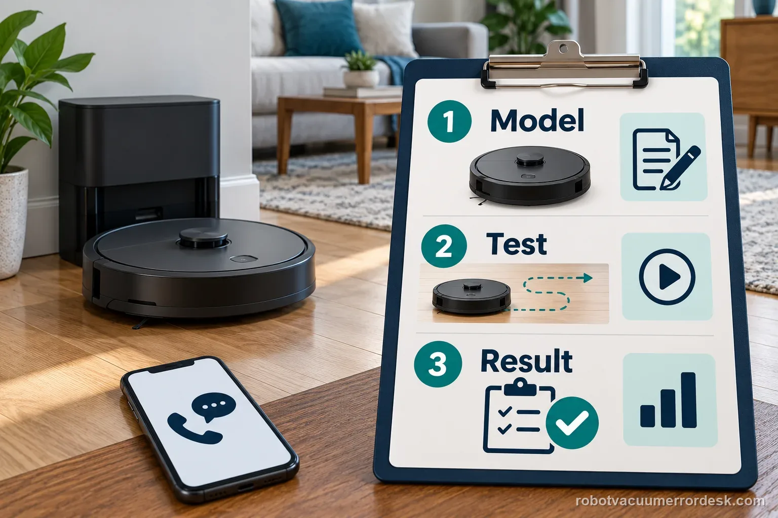 A generic robot support checklist labeled model, test, and result shows what to record before contacting Ecovacs.