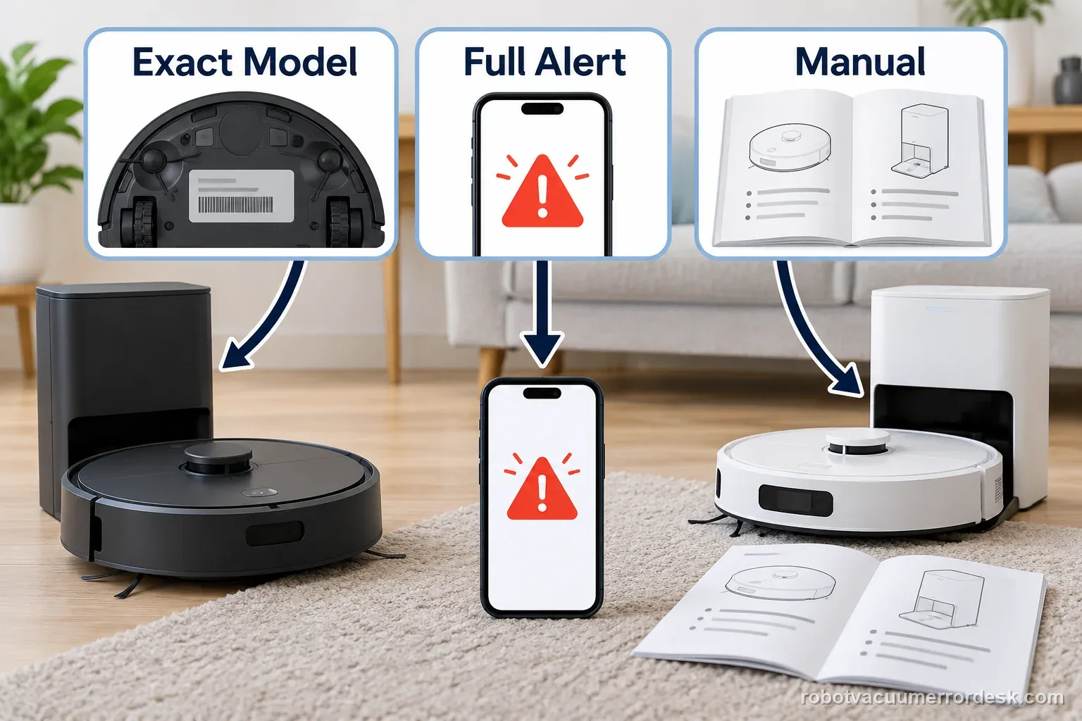 A generic robot, alert screen, and open manual are labeled to show how an Ecovacs owner can match the model before choosing a troubleshooting path.