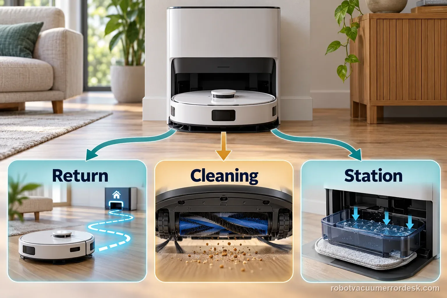 A generic robot and dock connect to three labeled Ecovacs troubleshooting branches for return, cleaning, and station symptoms.
