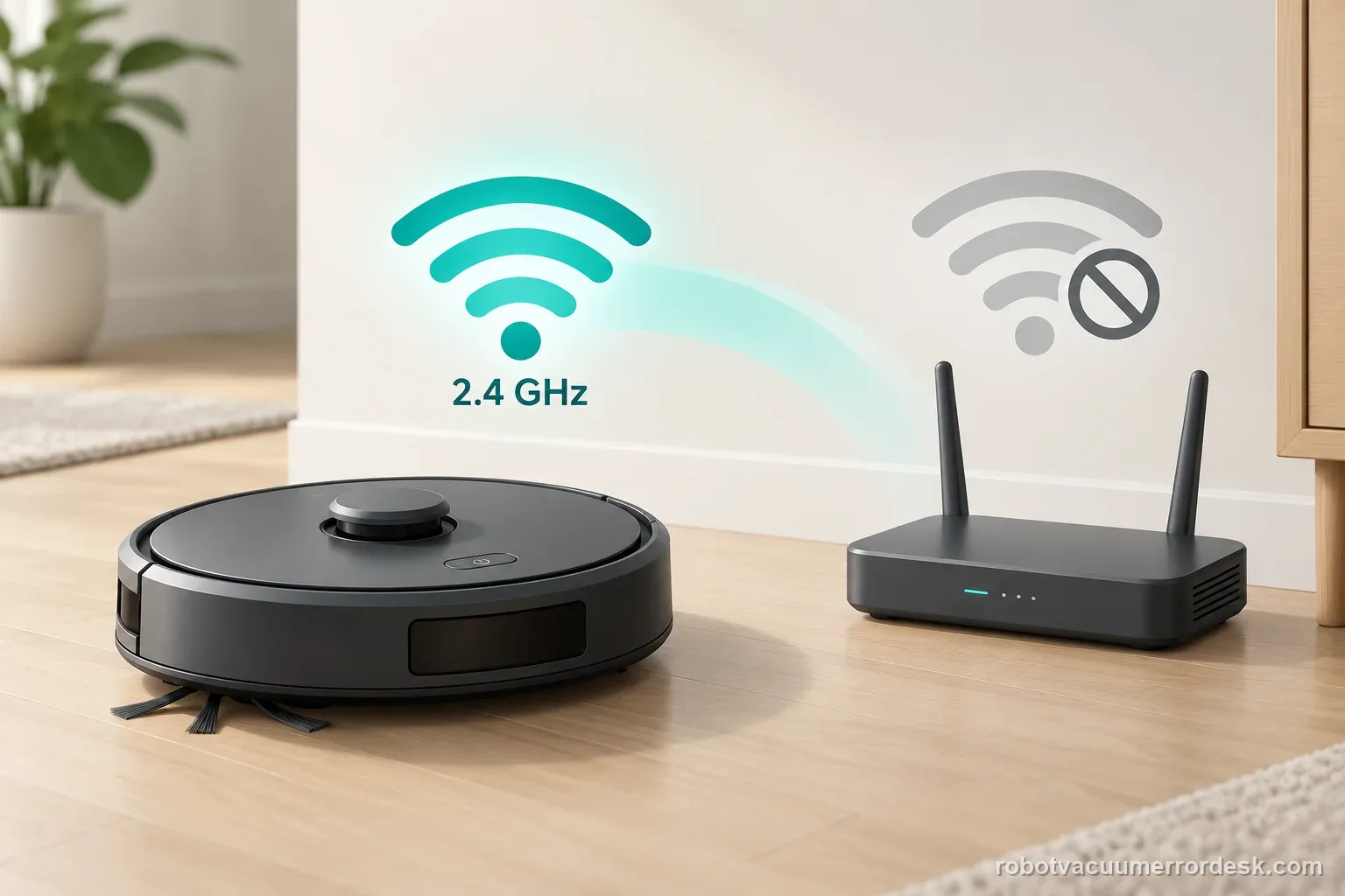 AI illustration shows a robot vacuum and router with only the supported 2.4 GHz Wi-Fi band highlighted.