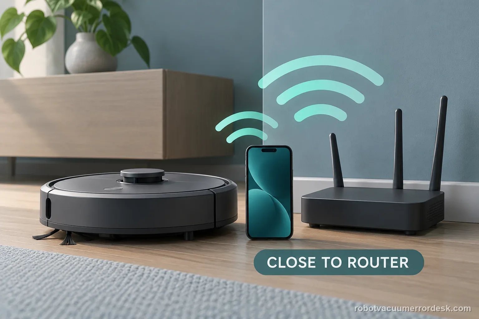 AI illustration places a phone, robot vacuum, and router close together to test the setup signal.