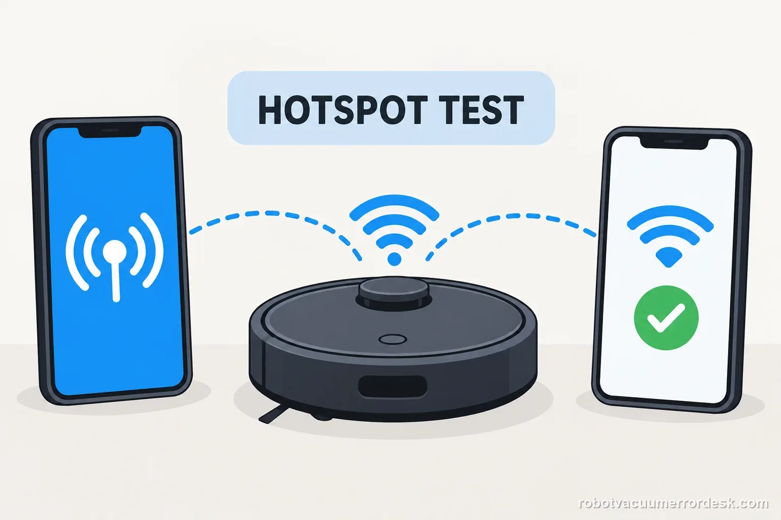 AI illustration shows an unbranded phone hotspot testing whether the robot can join a different network.