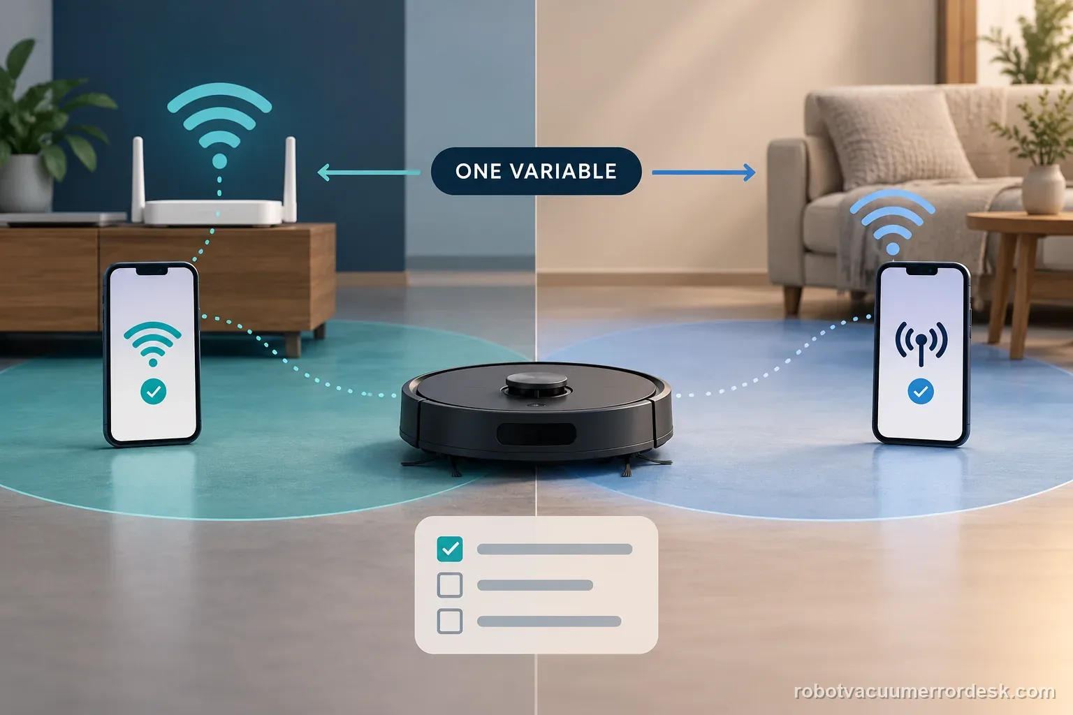 A generic robot vacuum is compared against a home-router connection and a phone hotspot in two distinct setup zones.