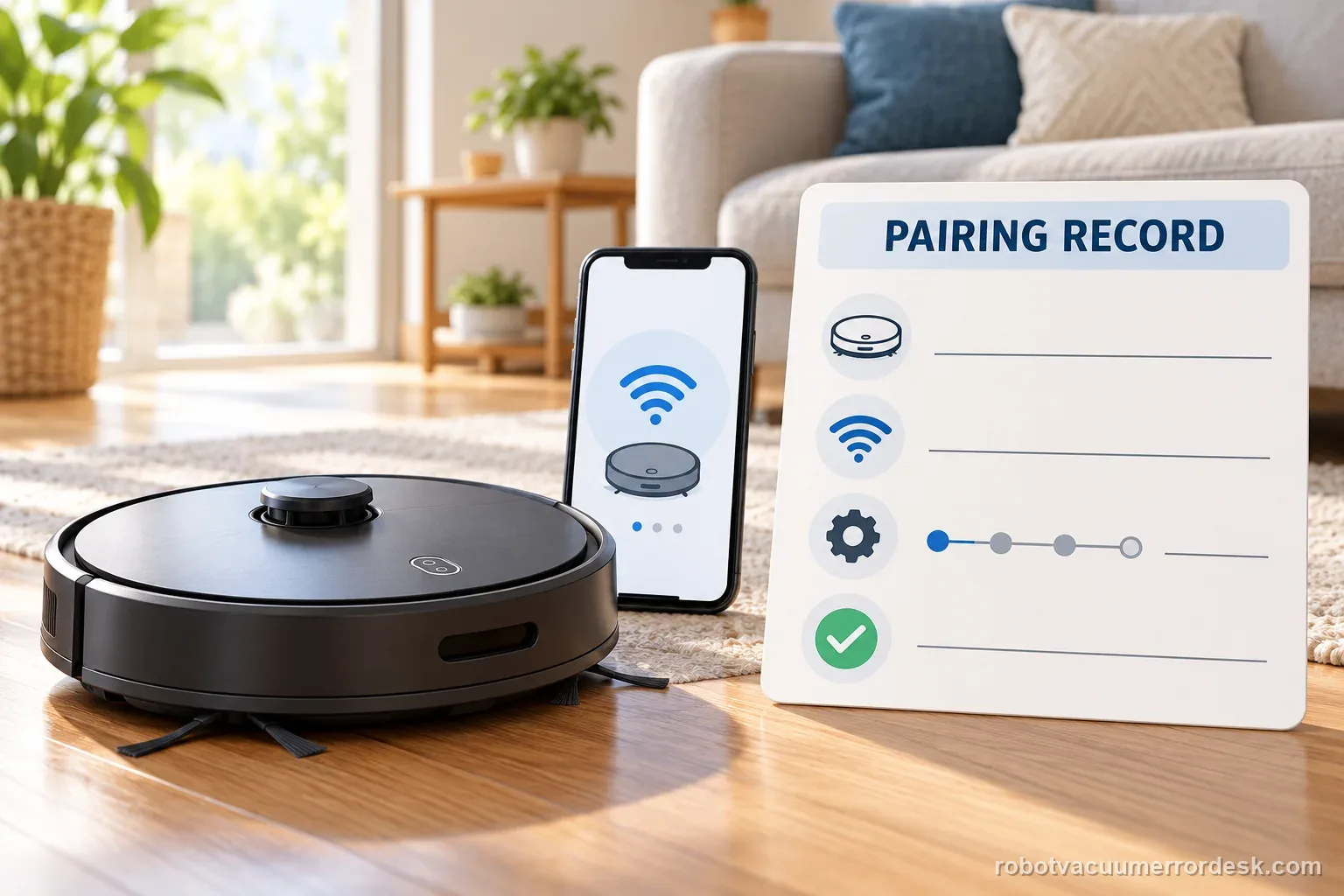 A phone and unbranded robot sit beside a pairing record card with model, band, setup stage, and test-result icons.