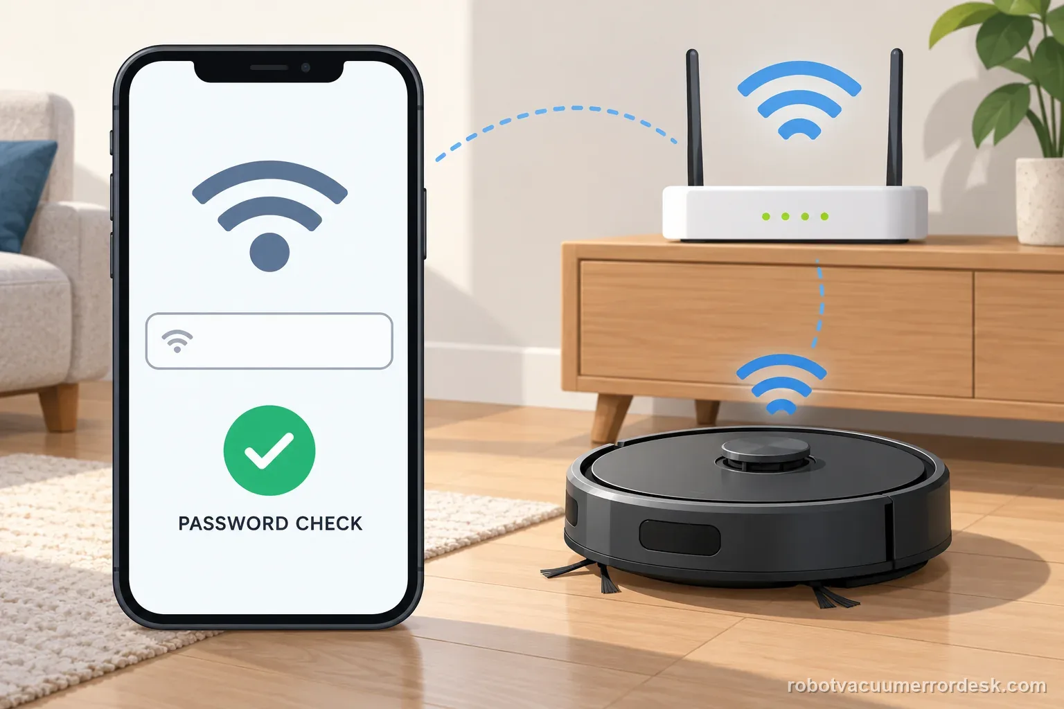 AI illustration shows a blank phone network setup and password check beside a robot vacuum and router.