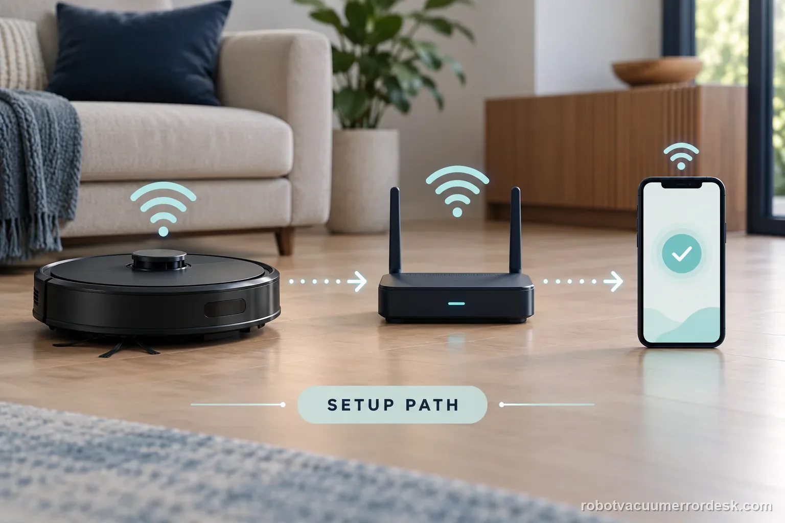 An unbranded robot vacuum, home router, and phone form a three-part Wi-Fi pairing path on a living-room floor.