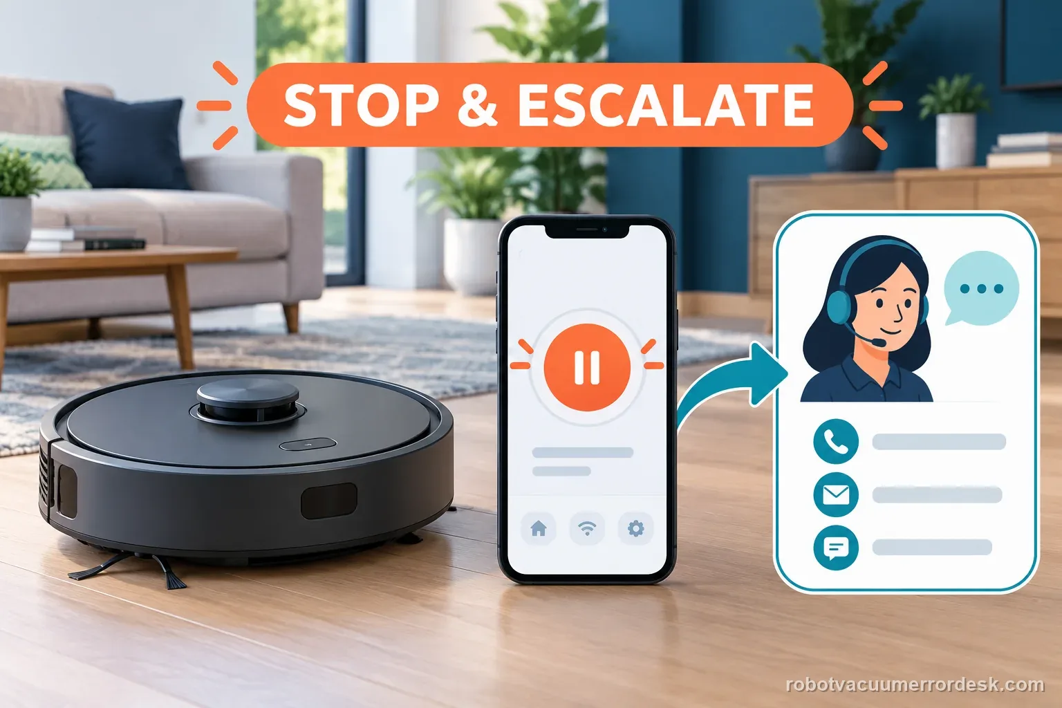 An unbranded robot and app checklist show when to stop repeating Wi-Fi resets and prepare a support request.