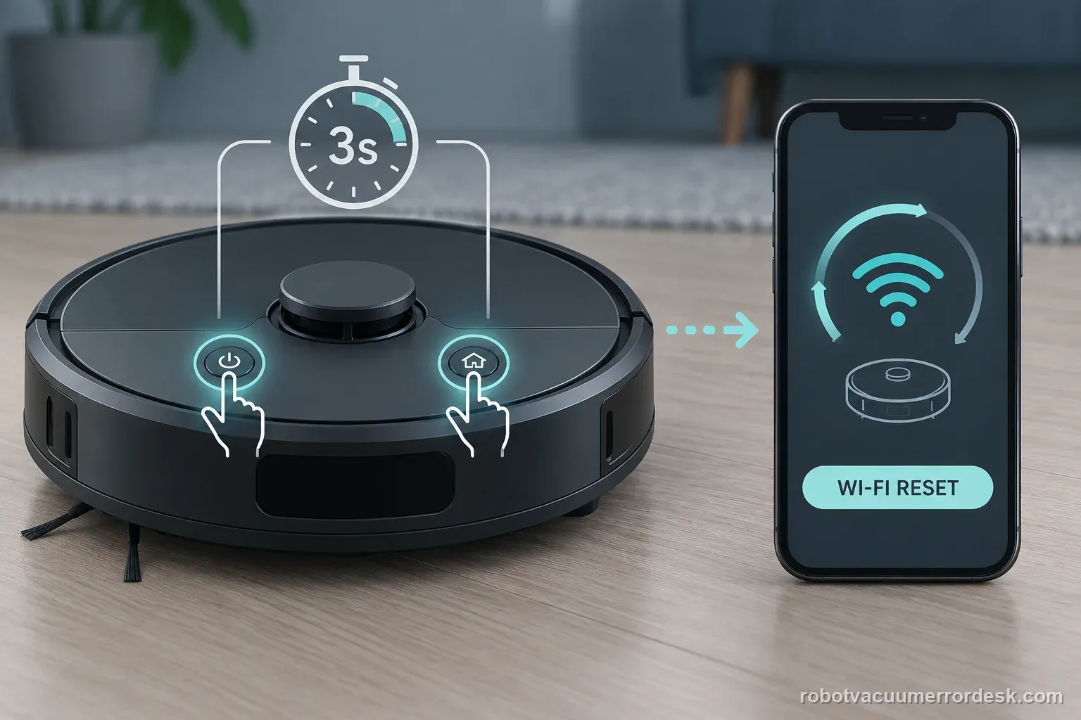AI illustration highlights the E28-style power and recharge buttons for the separate Wi-Fi reset.