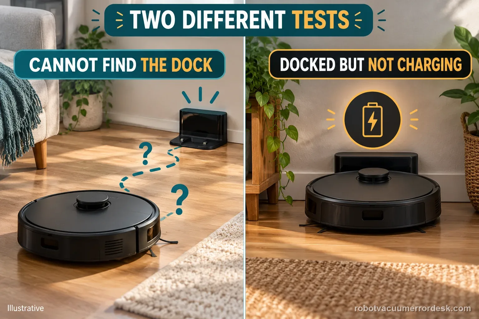 Two robot vacuum scenes compare failure to find a dock with arrival at a dock without charging, labeled as different diagnostic tests.