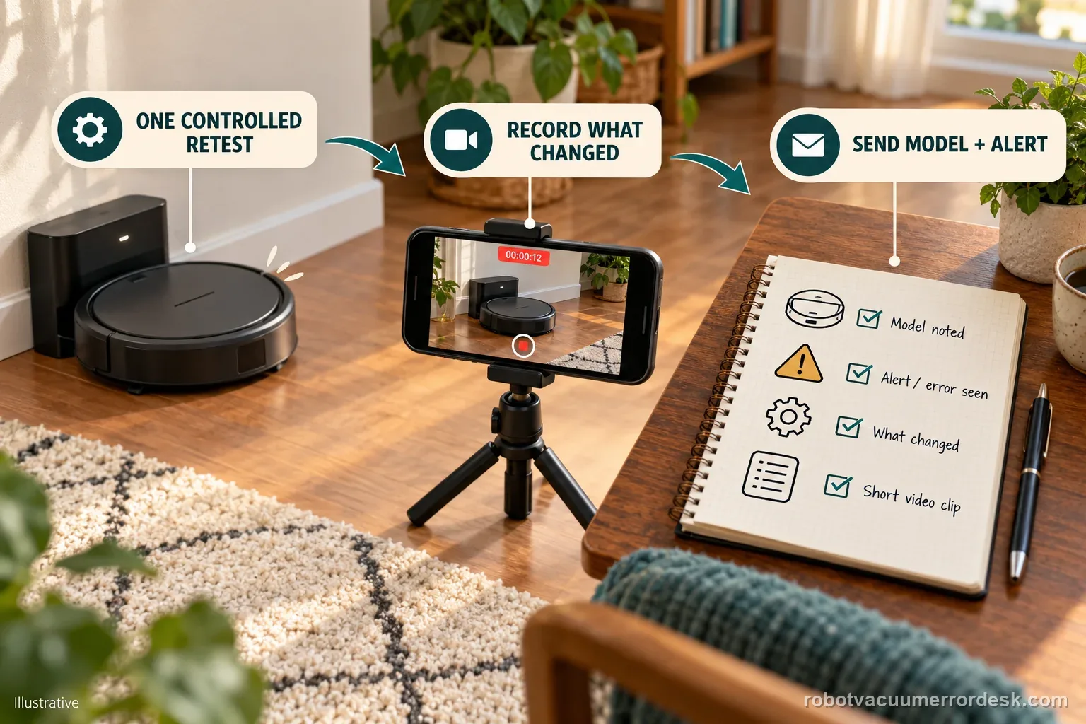 Closed robot vacuum beside its dock, with a phone recording a controlled retest and labels for the model, alert, and observed change.