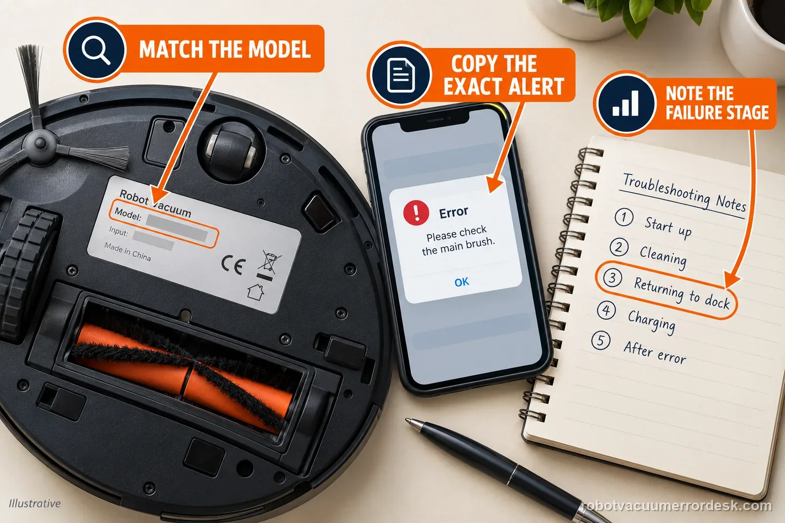 Generic robot model label, an app alert, and a notebook showing the three details needed to select the correct troubleshooting guide.