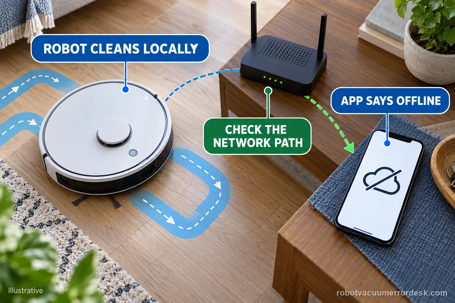 Unbranded robot vacuum, router, and phone separate a robot that cleans locally from an app that reports it offline, with labeled network-path checks.