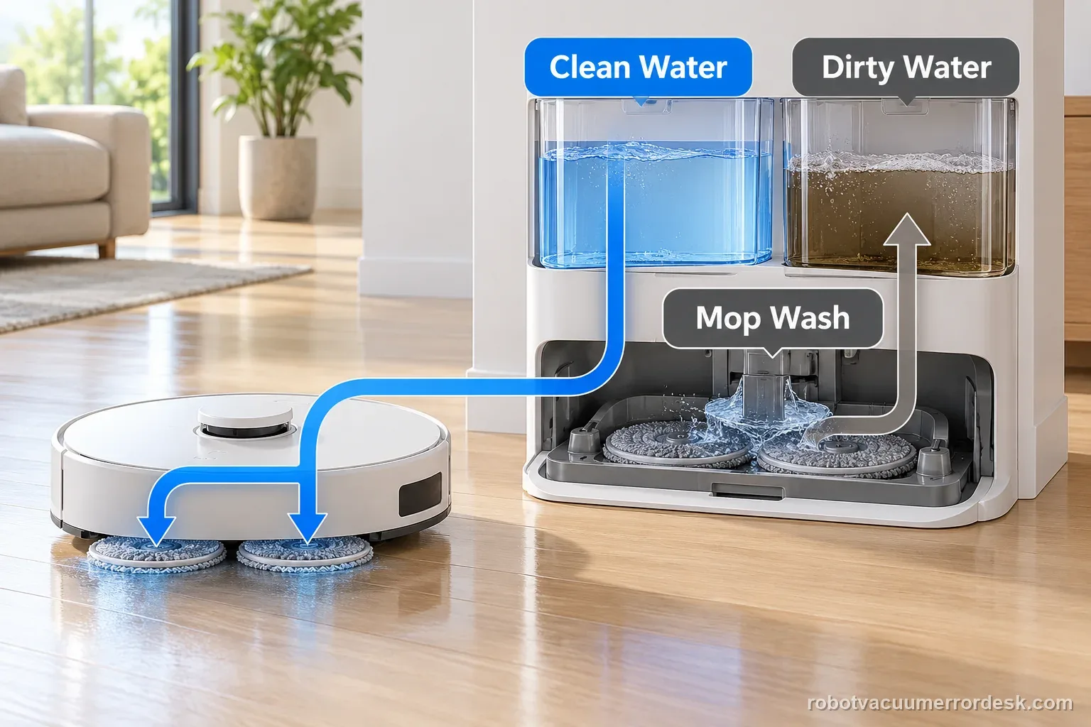 A generic robot mop and base station diagram labels clean water, mop wash, and dirty water along separate paths.