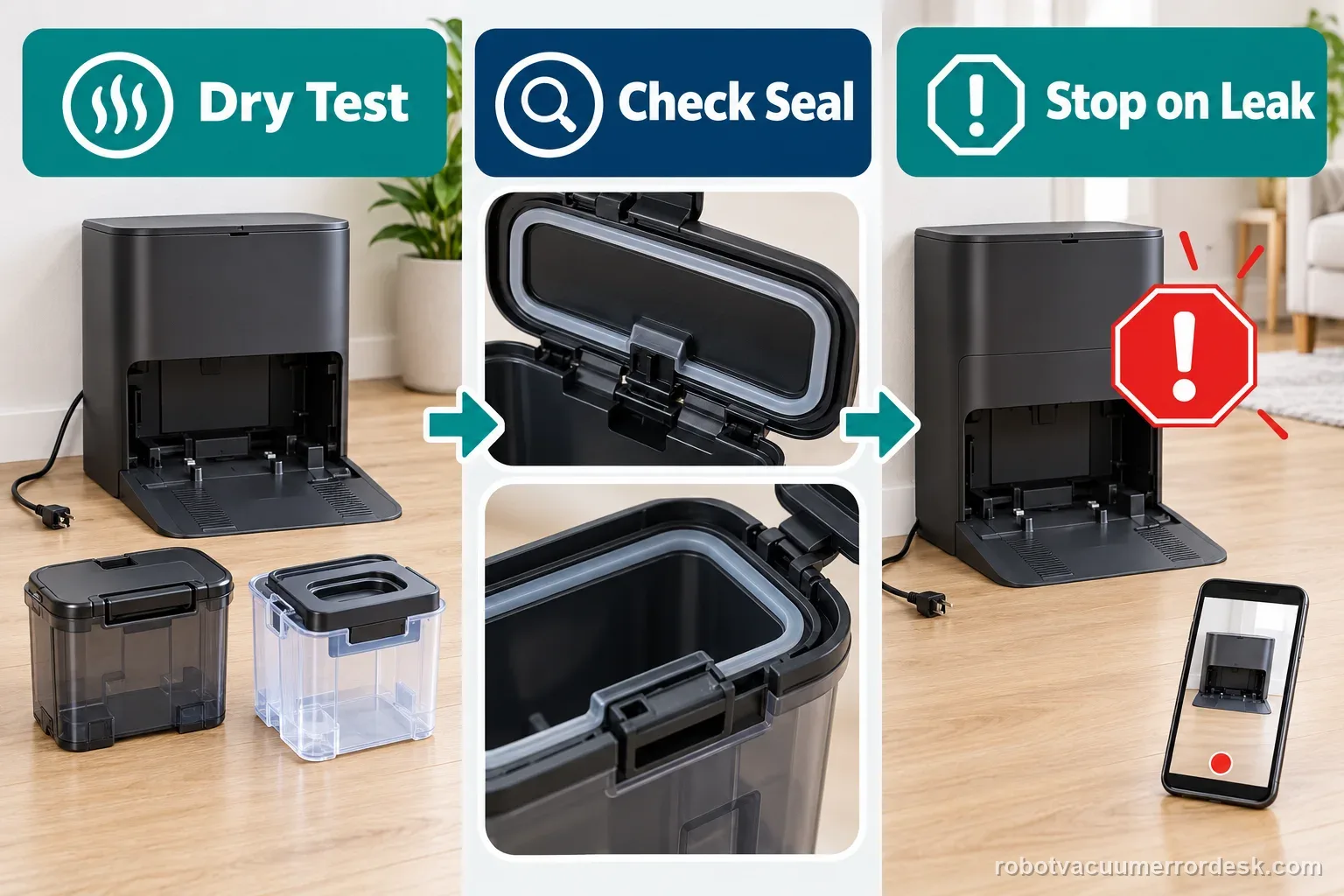 A generic robot station checklist labels dry test, check seal, and stop on leak for safe water troubleshooting.